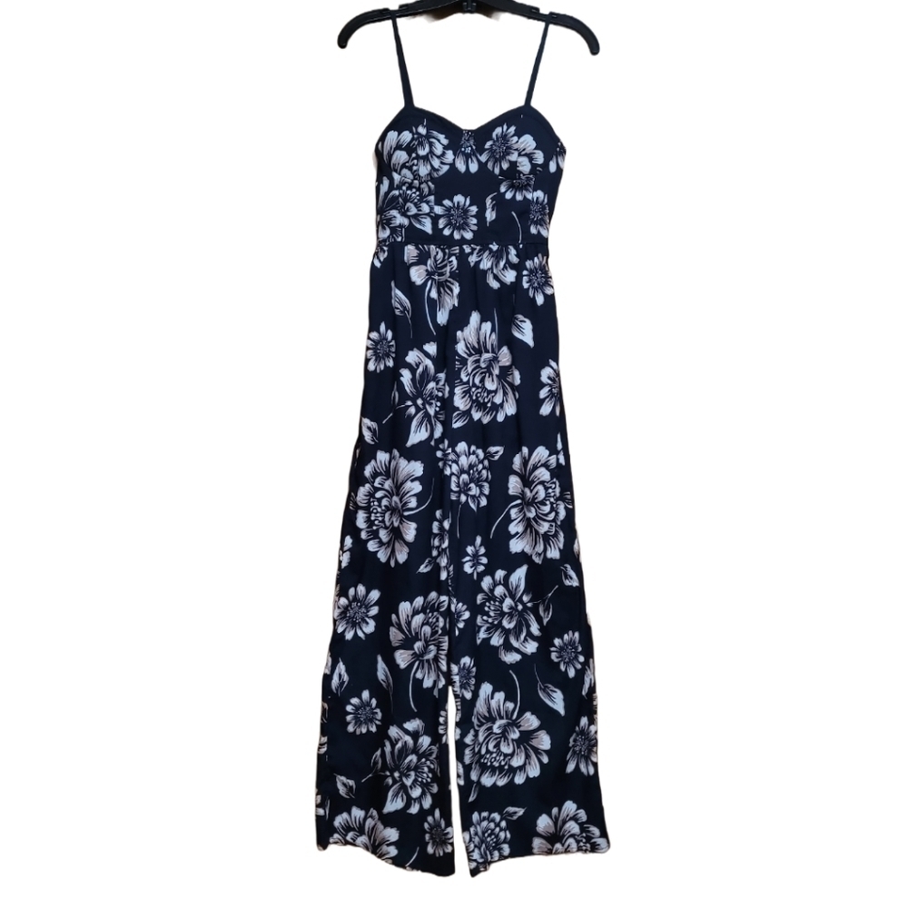 B.O.G. Floral Navy Blue Spaghetti Strap Jumpsuit Romper Size XS Tall Chic Party